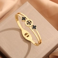 Golden double-layer clover bangle with black floral elements and polished finish - Black Shell Four-Leaf Clover Rhinestone Style (Z266A) / Gold
