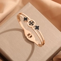 Rose gold double-layer clover bangle with black shells and sparkling zircon stones - Black Shell Four-Leaf Clover Rhinestone Style (Z266C) / Rose Gold