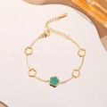 Elegant 18K gold plated clover bracelet featuring green malachite style floral charms - Five-Petal Single-Sided Green Shell (S519)