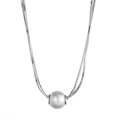 Double-layer silver snake chain necklace featuring a large white round pearl pendant - Silver Double Layer Shell Pearl Necklace / Silver