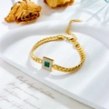 Luxurious 18K gold snake chain bracelet with square emerald pendant and crystals - Bracelet / Gold