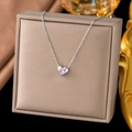 Elegant silver heart necklace with pink gemstone pendant on luxury beige jewelry box - XLH1135 Pink Diamond Heart / Steel