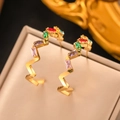 Boucles d'oreilles dorées en forme de Z avec des pierres de zircon rectangulaires colorées - Boucles d'Oreilles Strass Colorés Géométriques en Z (G3080)
