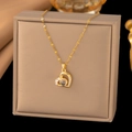 Titanium steel moon necklace with 100 languages I Love You projection stone heart pendant - Gold