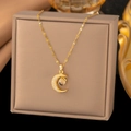 Golden titanium steel crescent moon necklace with projection stone and zircon inlay - Gold