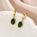 Boucles d'oreilles créoles dorées vintage avec pendentifs ovales vert émeraude sur soie - Boucles d'oreilles ovales avec strass verts (E085) / Or