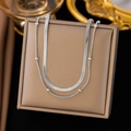 Silver double-layered stainless steel necklace with flat snake chain and metal beads - 【h165】blade + Bead Necklace Steel Color