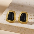 Boucles d'oreilles géométriques dorées vintage avec pierre noire sur socle - Boucles d'Oreilles Seules (E104B) / Pierre œil-de-chat noire