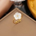 Golden titanium steel open ring featuring a white mother-of-pearl flower charm - 【f95】seashell Flower Ring Gold