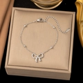 Silver stainless steel bracelet with delicate beads and stylish bow pendant charm - 【e2042】bow Bracelet Steel Color