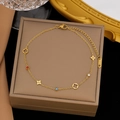 Golden stainless steel bracelet with colorful gemstone charms and clover leaf pattern - Colorful Diamond Flower Bracelet (E209) / Gold