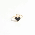 Bague cœur dorée ajustable avec centre noir et bordure à perles pour femmes - Ouvert Réglable / Bague Cœur Noir (D008)