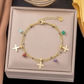 Bracelet double rang en titane doré avec perles colorées et breloques de fleurs à pétales - Bracelet Croix Perles Colorées (E2201) / Or