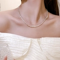 Double-layered silver titanium steel necklace featuring sleek beads and irregular cubes - Layered Style / Silver