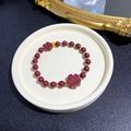 Red cinnabar bead bracelet with gold accents and hand-carved floral charms - S108 Cinnabar Clover Bracelet