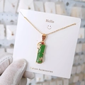 Bamboo pendant necklace in green faux jade with gold butterfly charms and dainty chain - Green