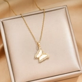 Golden titanium steel butterfly necklace featuring white shell wings and zircon accents - Gold (X271)