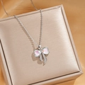 Elegant silver zircon bow necklace with colorful shell inlay and titanium steel chain - Silver Iridescent Bow