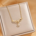 Zircon bow pendant titanium steel necklace in gold finish with jewelry box display - Gold Daisy Bow