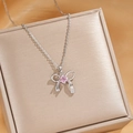 Silver steel necklace featuring a bow pendant with pink gemstone and small diamonds - Silver Pink Zircon Bow