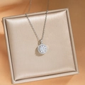 Exquisite silver round pendant necklace with zircon halo on champagne satin jewelry box - Silver Rotating Necklace