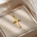 Sparkling gold cross pendant necklace with rhinestones on a silk jewelry gift box - D51 Gold