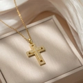 Elegant gold titanium steel cross necklace with pavé zircon on luxury jewelry box - D59 Gold