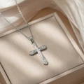 Silver cross pendant necklace with micro-pave crystals on a matching silver O-chain - D52 Silver