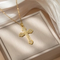 Luxurious gold-plated titanium cross pendant necklace with sparkling micro-paved zircons - D53 Gold