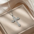 Silver stainless steel cross necklace with shimmering cubic zirconia micro-pave - D54 Silver
