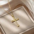 Golden titanium steel cross necklace with pavé zircon crystals and heart-shaped ends - D55 Gold