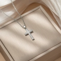 Sparkling silver cross pendant necklace with zircon pavé on luxurious silk background - D58 Silver