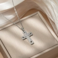 Silver layered cross pendant necklace featuring full diamond embellishments on an O-chain - D60 Silver