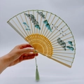 Chinese landscape embroidery silk folding fan with light bamboo frame and green tassel - 2026 Hot Selling Item - Suzhou Embroidery Fan - Soaring To Great Heights