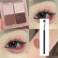 Four-color eyeshadow palette in milky tea tones with matte and glitter swatches - Strawberry Tones And Brush