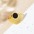 Anillo ajustable de acero inoxidable dorado con diseño de abanico e incrustación negra - Anillo Abierto de Abanico Negro