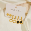 Golden stainless steel earring set featuring elegant wave discs and black enamel drops - Black Shell Round Style