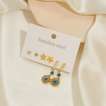 Gold stainless steel earring set with heart flowers and blue evil eye pendants - Hollow Blue Eye Style