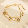 Double-layered 18K gold plated bracelet with heart and rectangle zircon charms - Heart Style with Square Zirconia