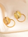 Detailed close-up of golden stainless steel earrings with radiant leaf texture on silk fabric - Lotus Leaf Textured Style