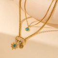 Collana a doppio strato in acciaio dorato con pendenti a girasole turchese e albero - Collana Stella Albero della Vita Oro