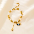 Detail of beaded bracelet with Evil Eye and Hamsa Hand charms on soft fabric - Square Green Rhinestone Palm Style (B0121)