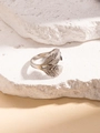 Silver asymmetric double-leaf feather ring with textured metal engraving detail - Silver Leaf Shape Open Ring