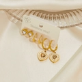 Three-pair gold stainless steel earring set with heart-shaped crystals and small hoops - Rhinestone Heart Style