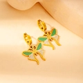 18K gold plated stainless steel hoop earrings with green and white butterfly pendants - White and Green Patchwork Enamel Butterfly