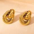 Boucles d'oreilles clous dorées polies avec trois anneaux entrelacés style vintage chic - Créole Spirale 3D Superposée Décalée (BJGE0696)