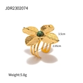 Golden titanium steel open ring with four-petal flower and green turquoise stone - Turquoise Inlaid Flower Ring (JDR2302074)