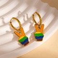 Detail of gold peace sign earrings featuring colorful rainbow striped enamel finish - Peace Sign Stripe Rainbow Earrings (BJGE1191)