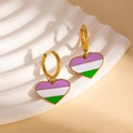 Close-up of gold-plated heart earrings with purple white and green striped enamel - Purple White Green Heart Earrings (BJGE1192)