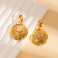 Detailed view of gold oval stud earrings with radiating fan-shaped textured pendants - Round Line Earrings (BJGE1371)